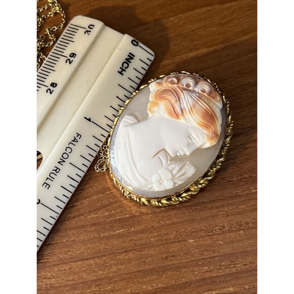 Antique MARBRO 12k GF Carved Shell Cameo Brooch Pendant twisted Rope Border 18”c - Picture 7 of 12